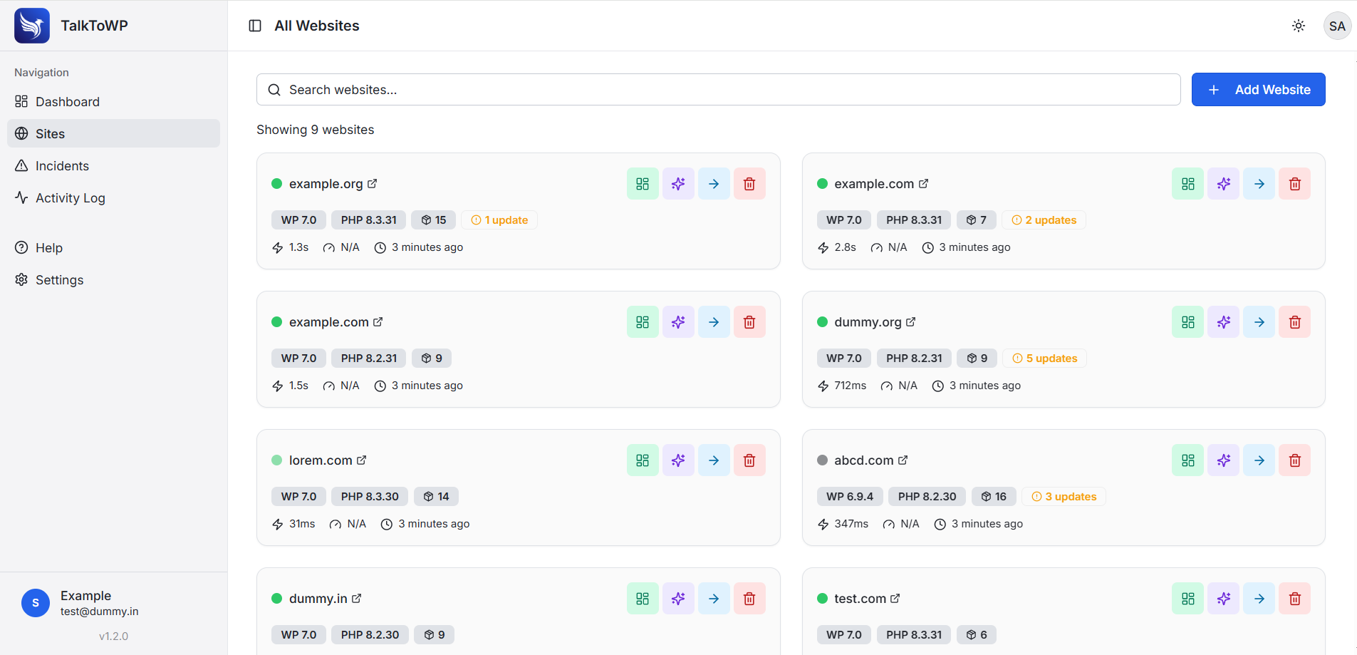 TalkToWP All Websites view with each client site listed with WordPress version, PHP version, plugin count, pending updates and load time